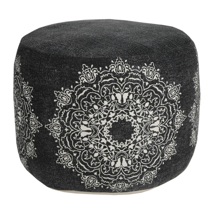 Hivvago 18 Inch Black Cotton Cylinder Medallion Pouf Ottoman