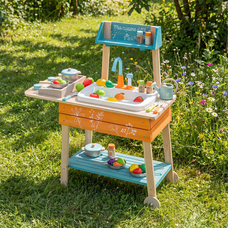 Wooden Toy Kitchen Playset for Kids with Removable Sink for Patio and Backyard-Multi-Color image number 7