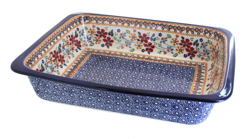 Blue Rose Polish Pottery Dots Large Rectangular Baker