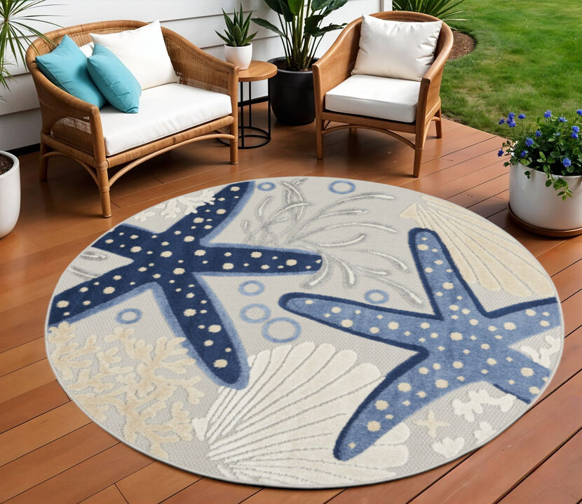 HomeRoots 8' Navy Blue And Gray Round Starfish Indoor Outdoor Area Rug