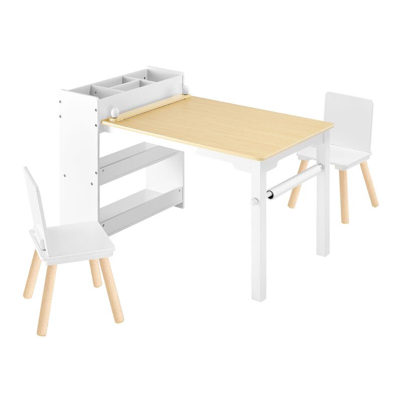 Kids Play Table with 2 Chairs and 3-Tier Storage for Art and Study Activities-White image number 3