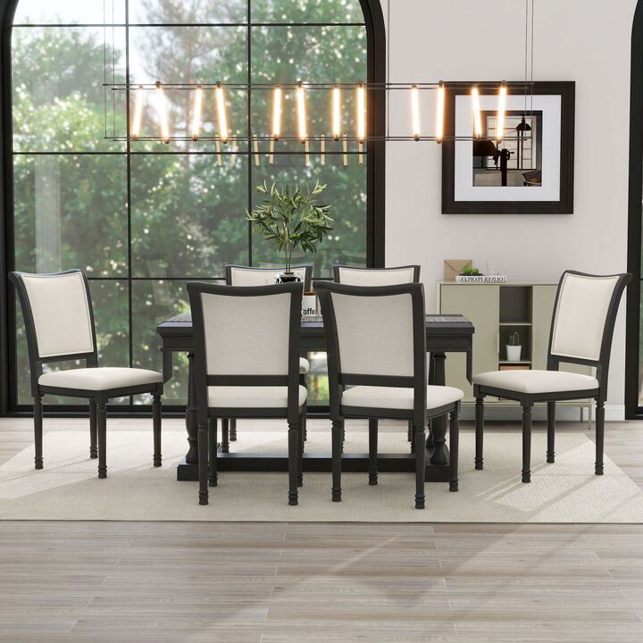 7Piece Dining Table with 4 Trestle Base and 6 Upholstered Chairs with Slightly Curve and Ergonomic Seat Back (Black)