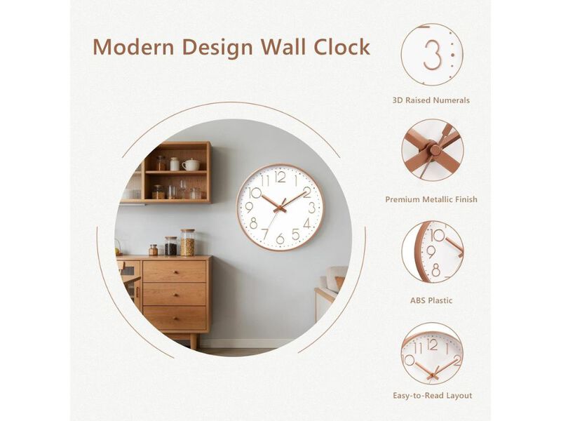 8 Inch Silent Non Ticking Wall Clock Battery Operated Modern 3D Rose Gold for Home Kitchen Office Bathroom Bedroom image number 2