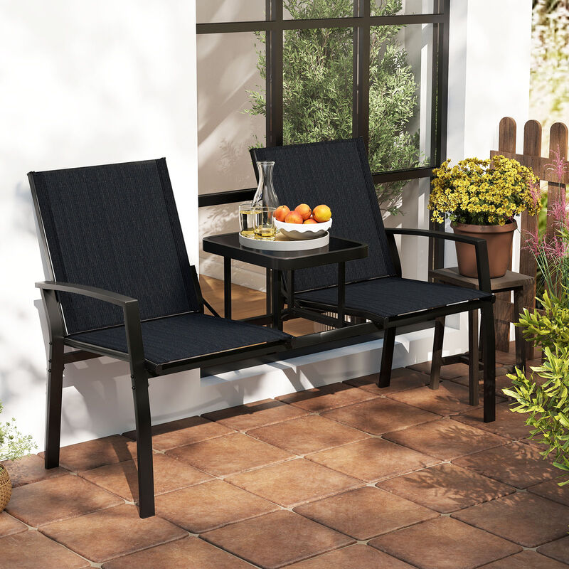 Outdoor Loveseat with Built-in Table and Comfortable Fabric Backrest-Black
