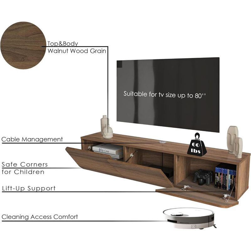 Atelier Mobili Floating TV Console for up to 80 inch TV and Under TV Cabinet (Walnut)