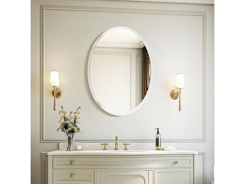 28x20 Inch Oval Frameless Bathroom Wall Mirror with Beveled Edge image number 1