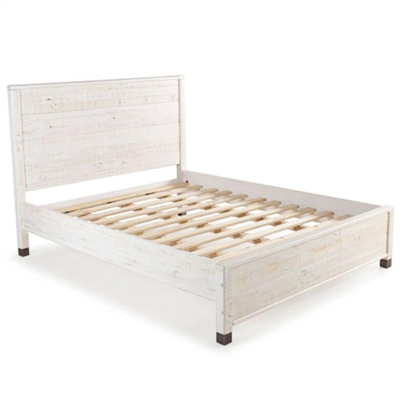 Hivvago Queen Size Solid Wood Platform Bed Frame with Headboard in Rustic White Finish