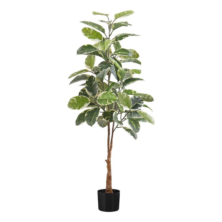 Monarch Specialties I 9513 - Artificial Plant, 52" Tall, Rubber Tree, Indoor, Faux, Fake, Floor, Greenery, Potted, Real Touch, Decorative, Green Leaves, Black Pot