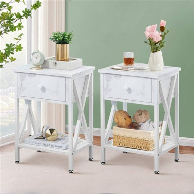 Set of 2 End Tables With 1 Drawer For Living Room And Bedroom