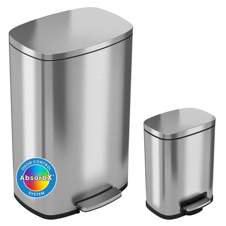 iTouchless 13.2 Gallon and 1.32 Gallon Kitchen and Bathroom SoftStep Step Pedal Trash Cans Combo Pack