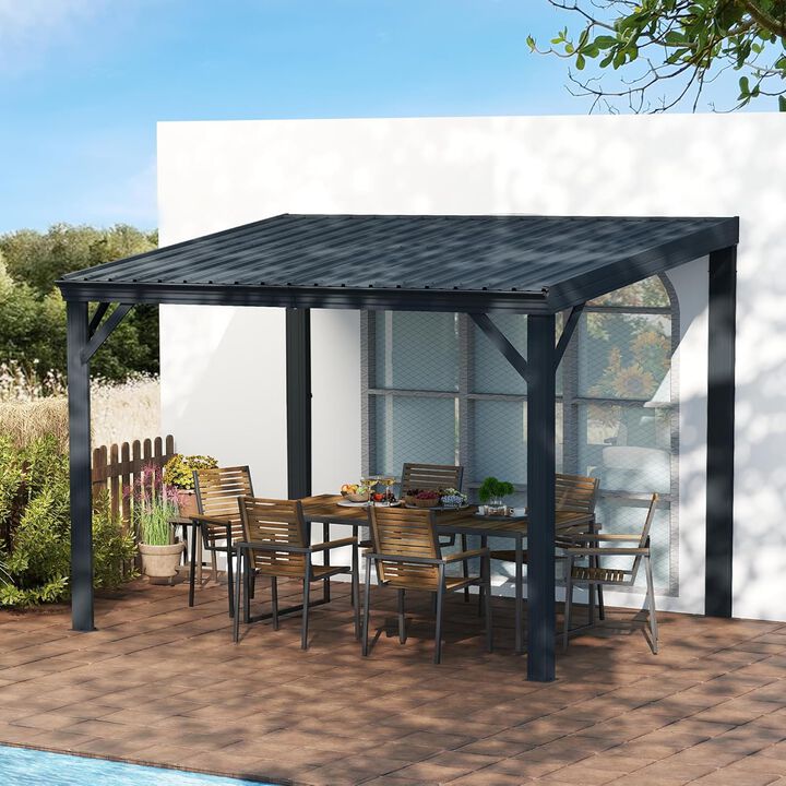 10X12FT Wall Mounted Gazebos Pergola with Built in Drainage System, Galvanized Steel Roof Hardtop Patio Shelter, Gray