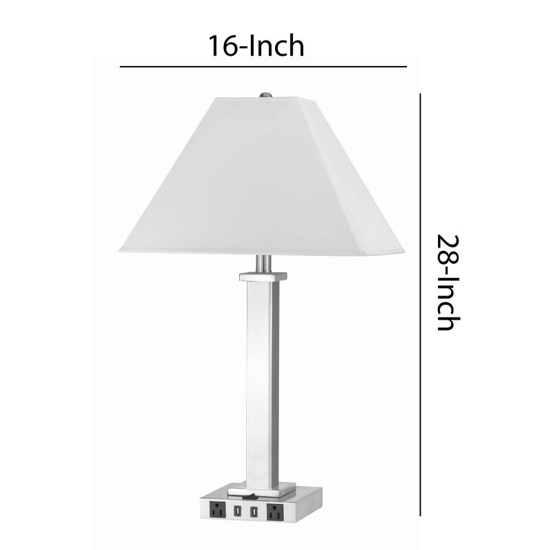 Trapezoid Shade Table Lamp with Metal Base and 2 USB Ports,White and Chrome - Benzara