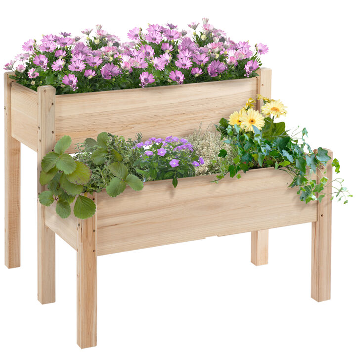 Outsunny 34"x34"x28" Raised Garden Bed, 2-Tier Elevated Wood Planter Box for Backyard, Patio to Grow Vegetables, Herbs, and Flowers, Natural