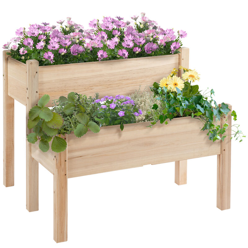 Outsunny 34"x34"x28" Raised Garden Bed, 2-Tier Elevated Wood Planter Box for Backyard, Patio to Grow Vegetables, Herbs, and Flowers, Natural