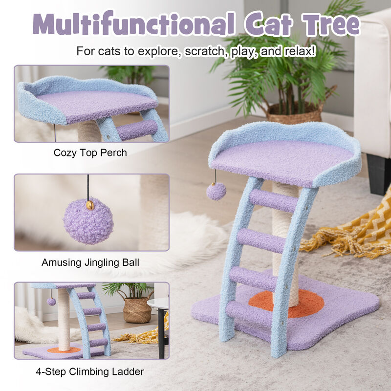 Mohair Plush Cat Tree with Ladder and Jingling Ball-Purple