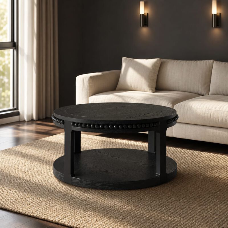 GOODSILO 31.5 Inch Two-Tier Round Solid Wood Coffee Table and Sofa Table Sturdy Thickened Top Heavy-Duty Circle Accent Table for Living Room Lounge and Sofa Areas image number 3