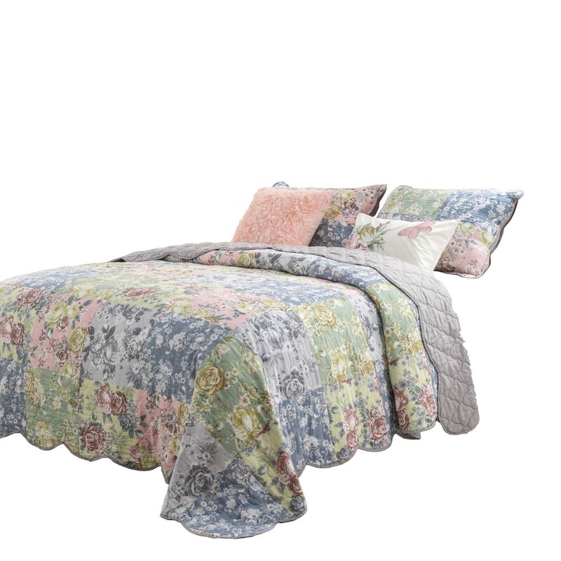 Eni 3 Piece Queen Cotton Quilt Set, Vibrant Pastel Blue Flowers, Scalloped - Benzara