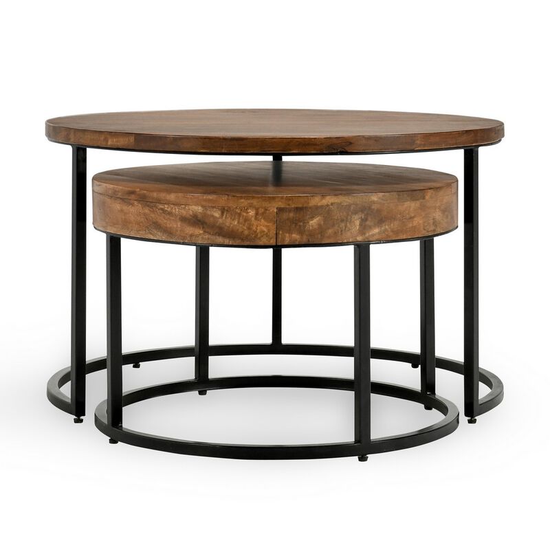 Nesting Coffee Table Set of 2, Natural Brown Wood, Black Iron Frame image number 3