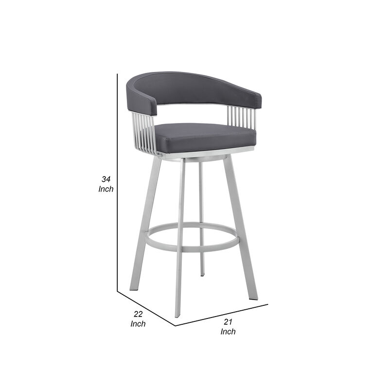 Oliver 26 Inch Modern Counter Stool, Faux Leather, Swivel, Gray, Silver - Benzara