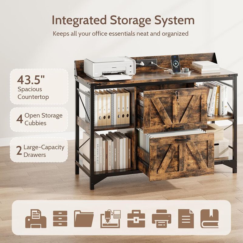 44"W File Cabinet, Lateral Filing Cabinet with 4 Shelves and 2 Drawers, Office Storage Cabinet with Lock & Charging Station, Wooden Printer Stand image number 5