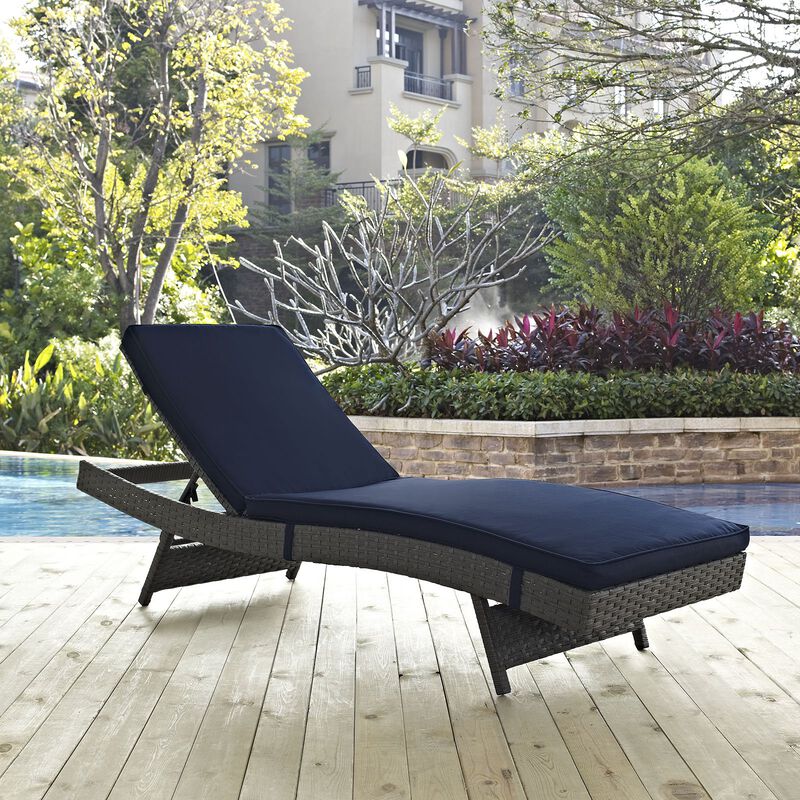 Modway Sojourn Wicker Rattan Outdoor Patio Sunbrella Fabric Chaise Lounge in Canvas Navy image number 1