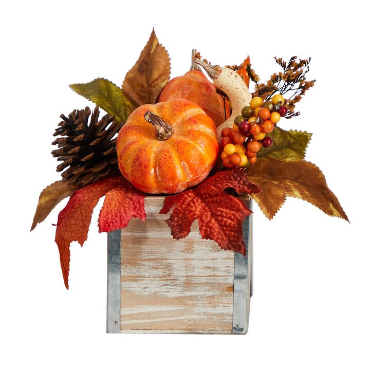 Nearly Natural 8-in Fall Pumpkin, Gourd, Berries and Pinecones Artificial Autumn  Arrangement in Natural Washed Vase