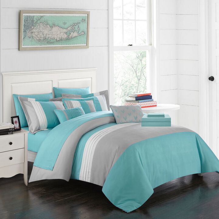 Chic Home Moriarty Elegant Color Block Ruffled BIB Soft Microfiber Sheets 10 Pieces Comforter Decorative Pillows & Shams - Twin 66x90, Turquoise