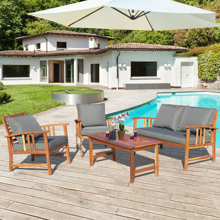 4 Pieces Wooden Patio Furniture Set Table Sofa Chair Cushioned Garden