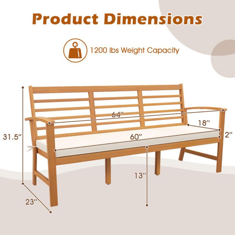 Hivvago Patio 64 Inch Wood Bench with Seat Cushion and Slatted Seat for Backyard