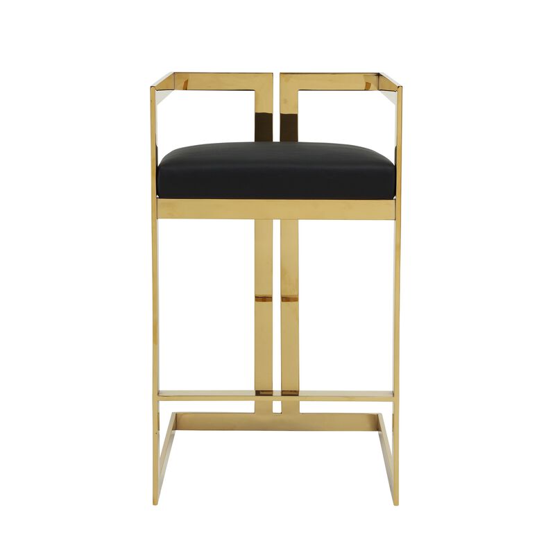 Suki 30 Inch Barstool Chair, Black Faux Leather Seat, Gold Cantilever Base