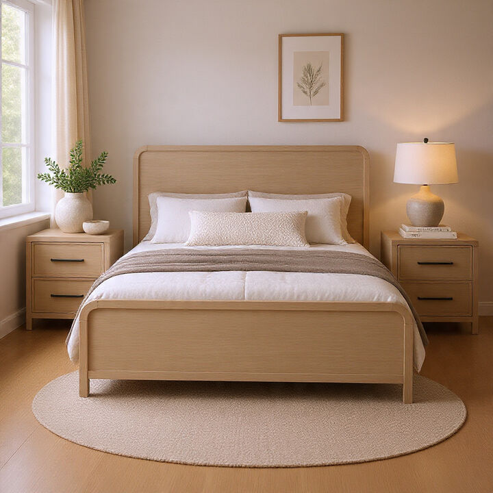 Queen Bedroom Set, Natural Oak Beige Brown Wood, 3 Piece Set with 2 Nightstands