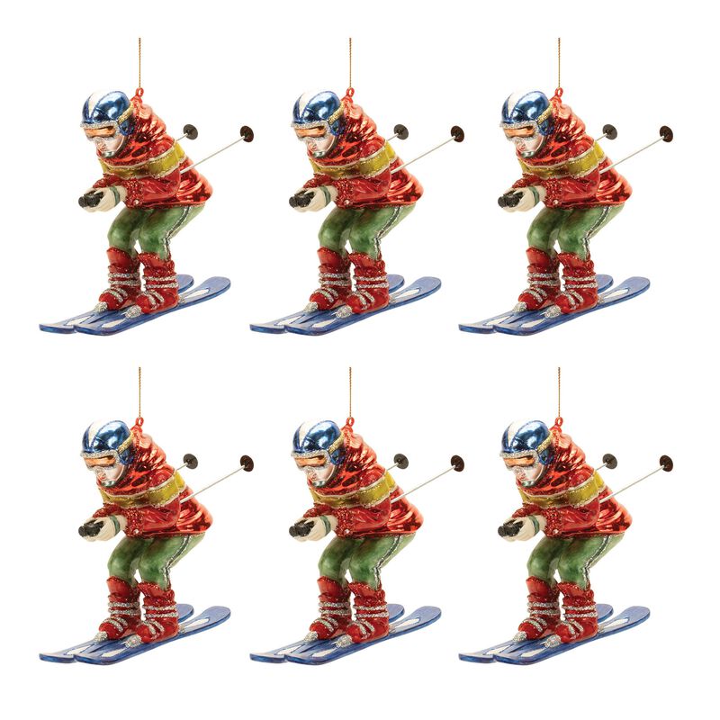 Set of 6 Glittered Glass Skier Ornaments for Holiday Tree or Winter Sports Decor