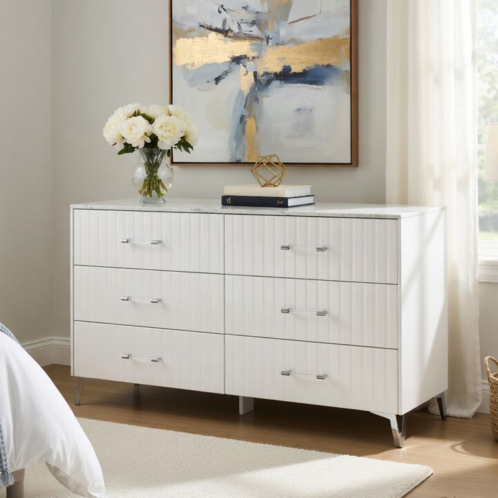 Cyna Wide Dresser, Faux Marble Top, 6 Drawers, Textured Front, White