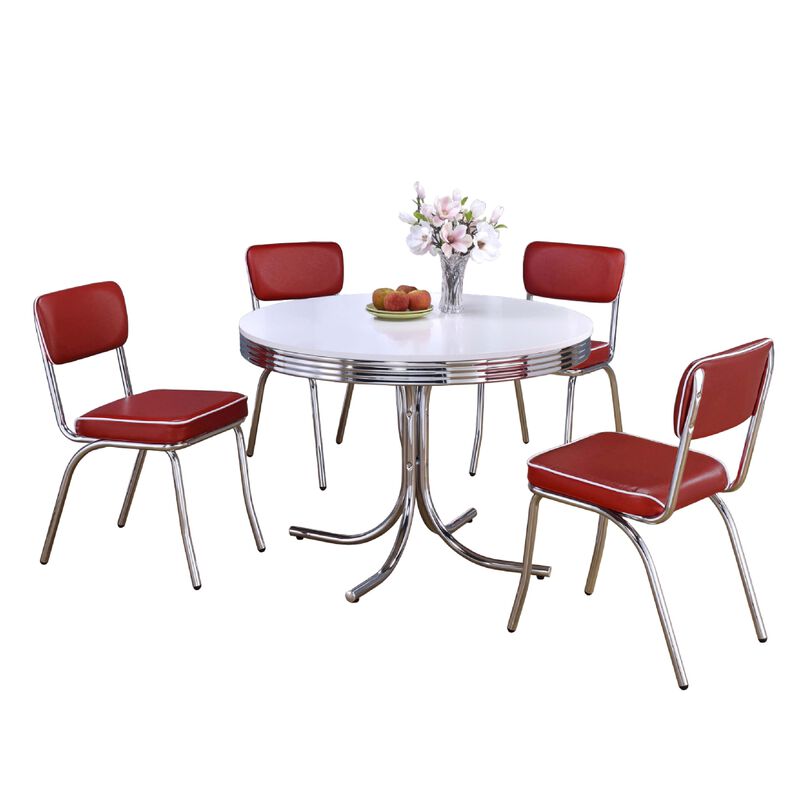 Loy 5pc Dining Table and Chair Set, Red Faux Leather, Retro White Round Top