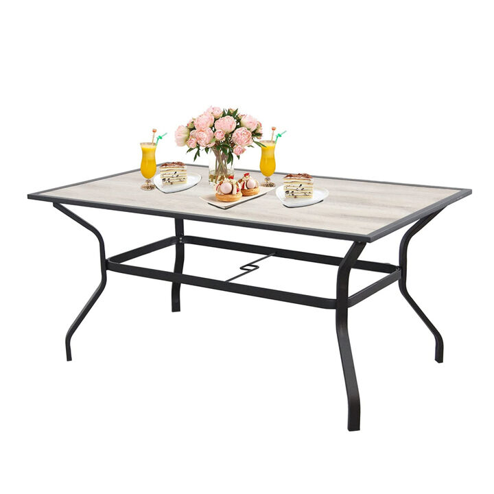60" x 37" Patio Dining Table, Outdoor Large Rectangular Metal Table with Umbrella Hole and Wood-Look Tabletop, for Porch Backyard Balcony Garden