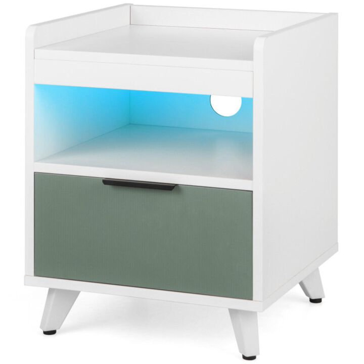 Hivvago Modern Nightstand with LED Lights Sliding Drawer and Open Compartment-White
