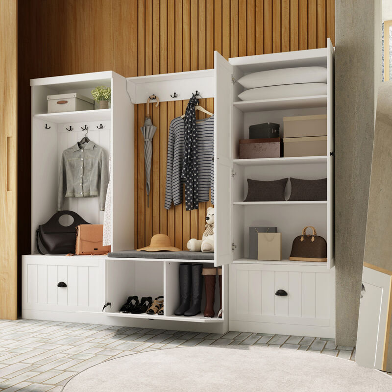FUFU&GAGA White Storage Combo, Shoe Bench with Soft Seat, Hidden Wardrobe & Open Coat Rack - Textured Finish, Black Handles (86.8 in. W x 17.7 in. D x 70.9 in. H) image number 2