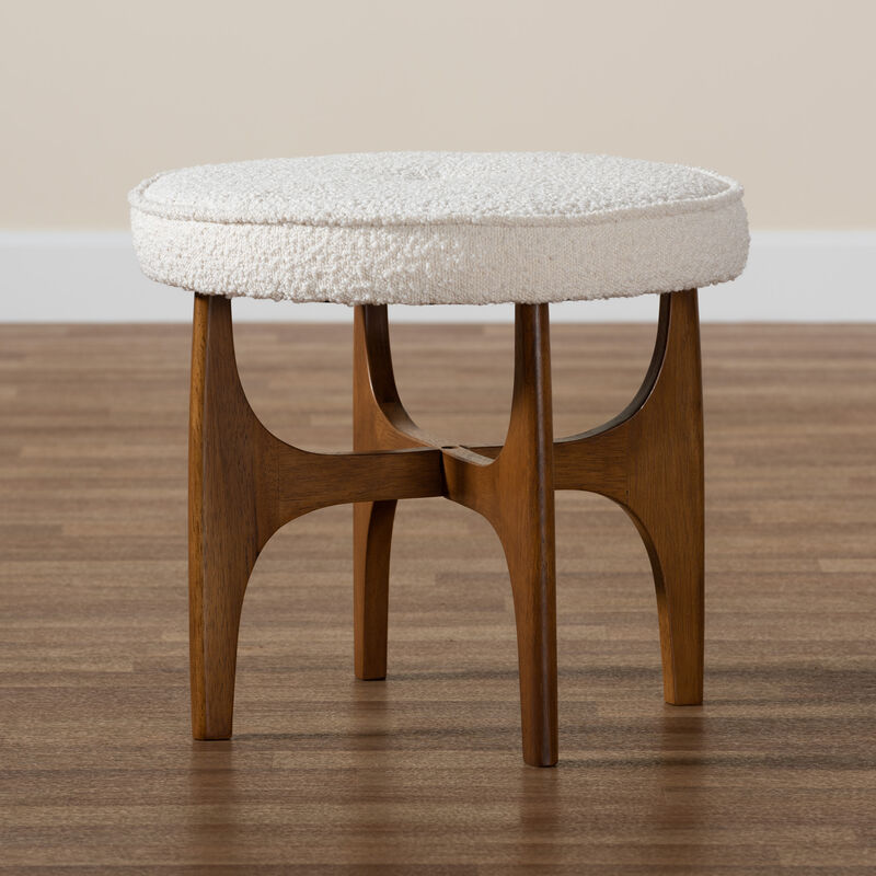 Baxton Studio Theo Cream Boucle Fabric and Walnut Brown Finished Rubberwood Ottoman Footstool