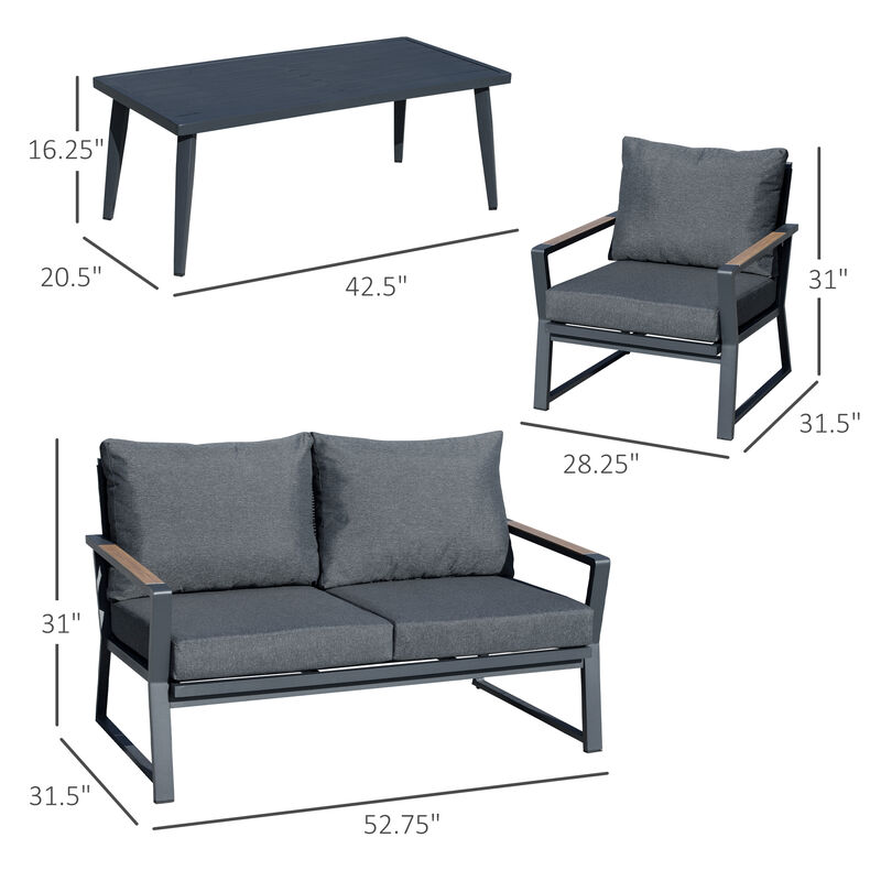 4 PC Aluminum Garden Sofa Set Widened Seat, Coffee Table & Cushions, Dark Grey
