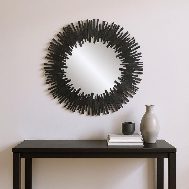 HomeRoots 36" Black Wood Sunburst Framed Accent Mirror image number 1