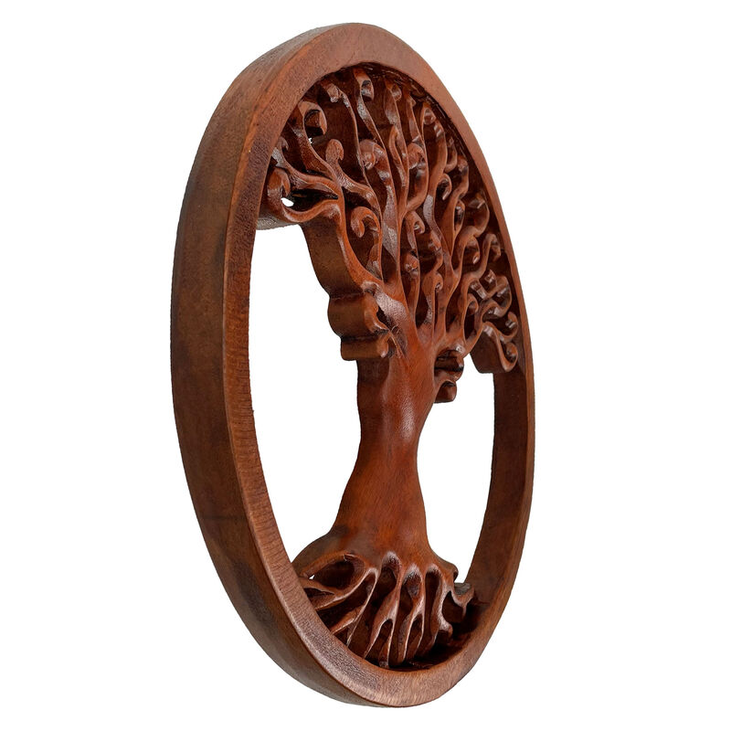 Hand Carved Mahogany Tree Of Life Wood Wall Plaque - 11.5 Inch Diameter image number 1