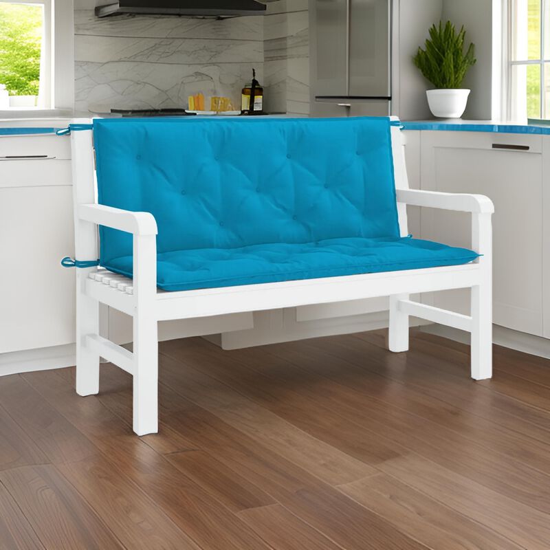 Claire Outdoor Cushion for Bench, 47 Inch Button Tufted Blue Fabric - Benzara