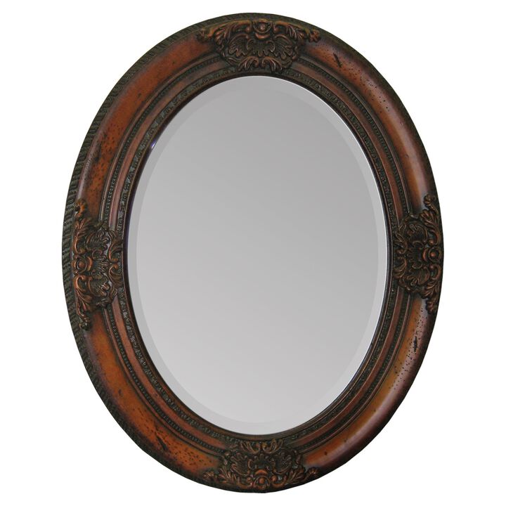 30" Clear Finished Wooden Framed Beveled Oval Wall Mirror