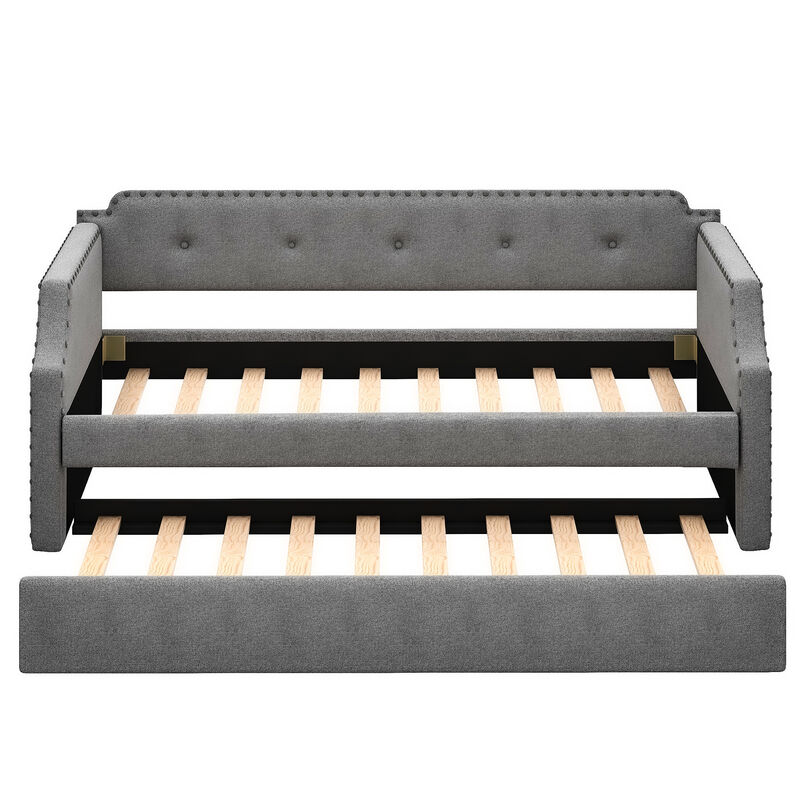 Merax Upholstered Daybed with Trundle, Wood Slat Support,Upholstered Frame Sofa Bed