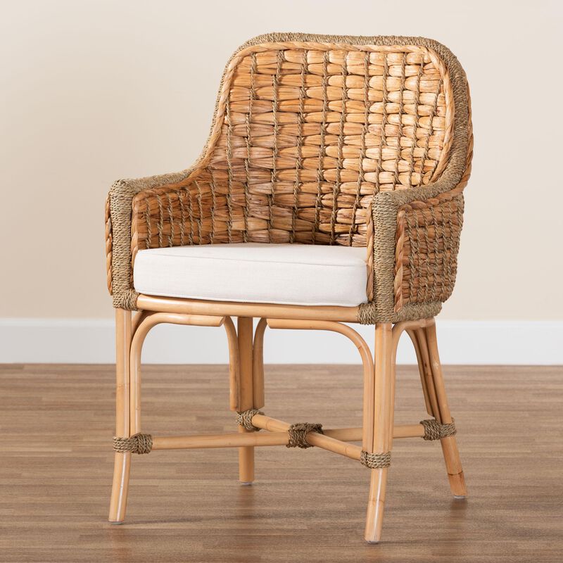 Baxton Studio Kyle Modern Bohemian Natural Brown Woven Rattan Dining Arm Chair with Cushion