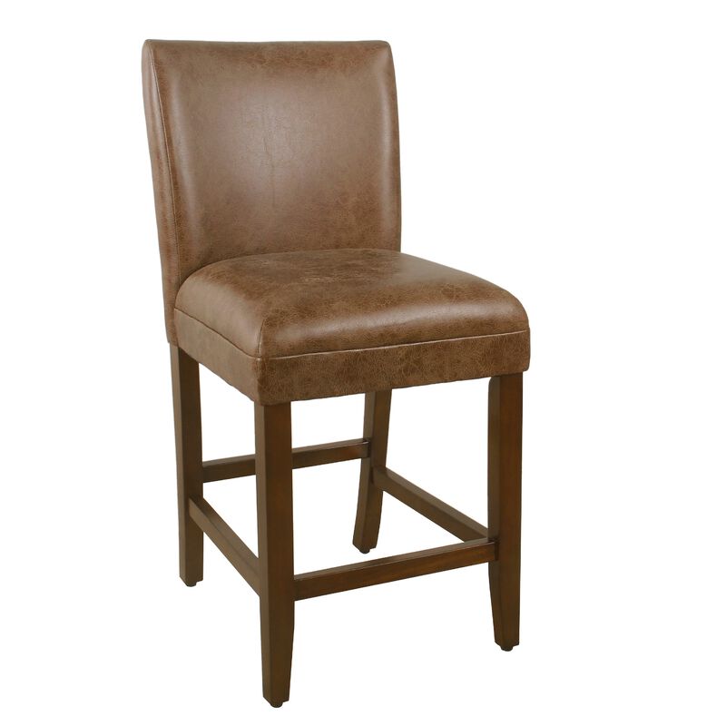 24 Inch Counter Stool Chair, Brown Wood Frame, Faux Leather Seat