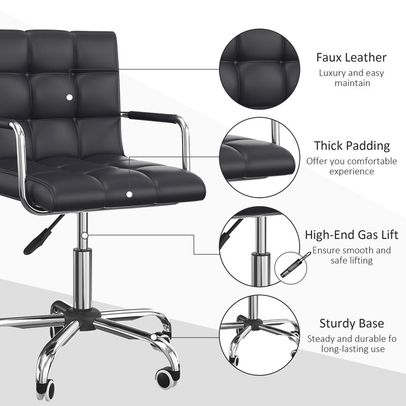 Ergonomic Task Seat: Black PU Leather Mid-Back Office Chair on Wheels