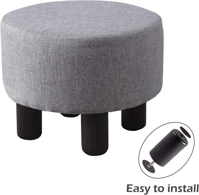 Round Linen Ottoman Footstool with Padded Seat and Non-Skid Pine Wood Legs image number 2