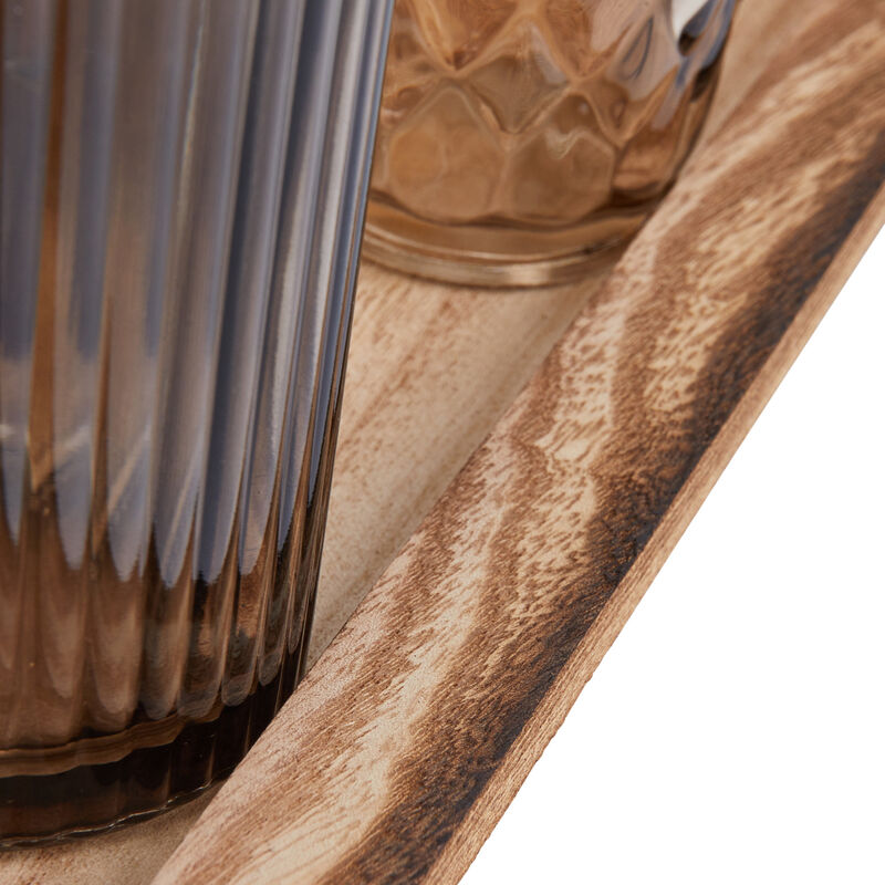 9‑Piece Round Glass Votive Holders on Solid Paulownia Wood Tray, Brown Rustic Finish image number 4