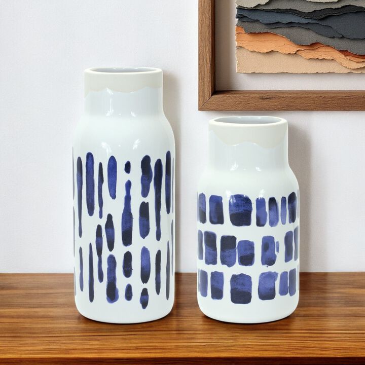 Hivvago Set of Two Blue and White Abstract Cylinder Ceramic Table Vase